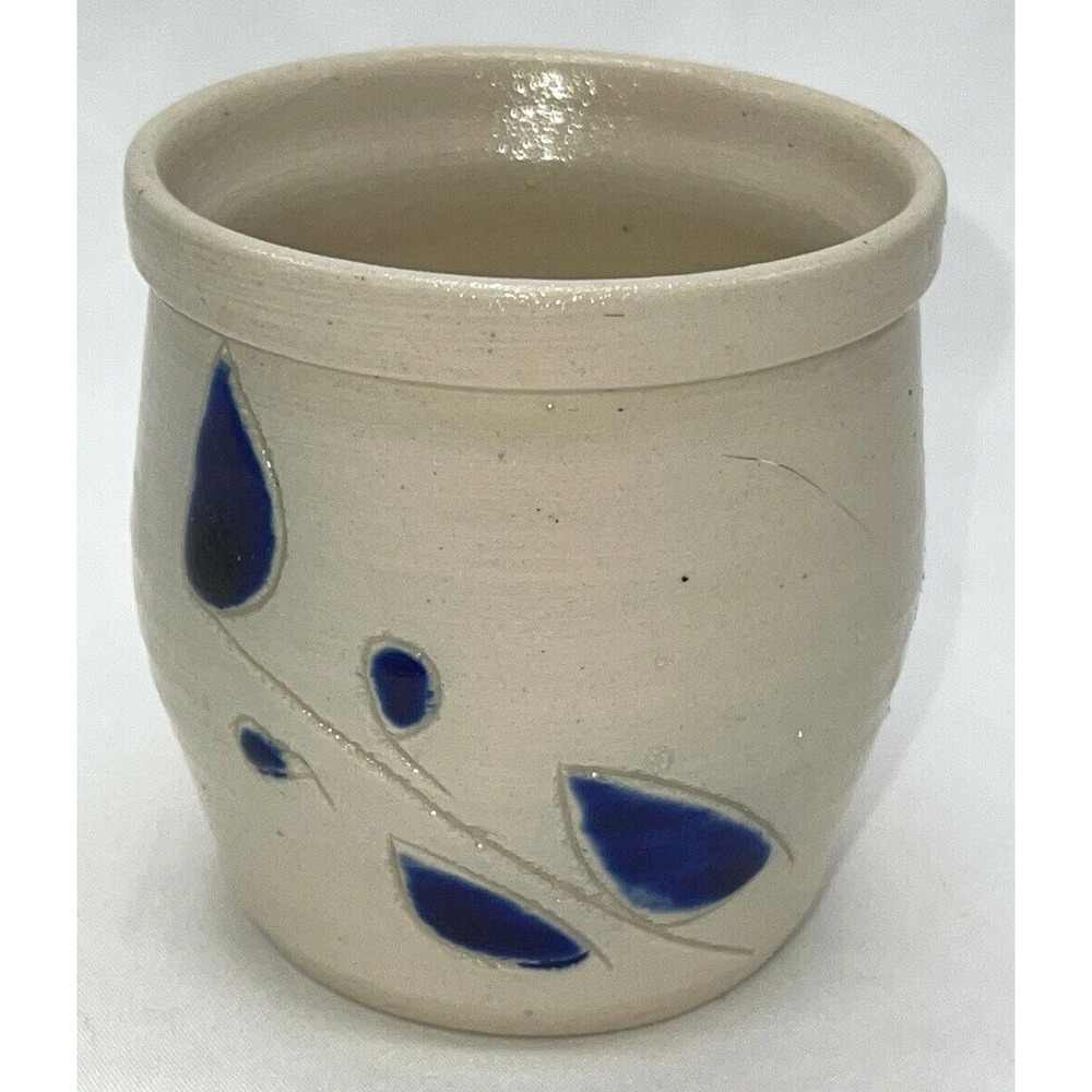 Williamsburg Pottery Salt Crock Cobalt Painted Leaves Incised design MCM Vintage